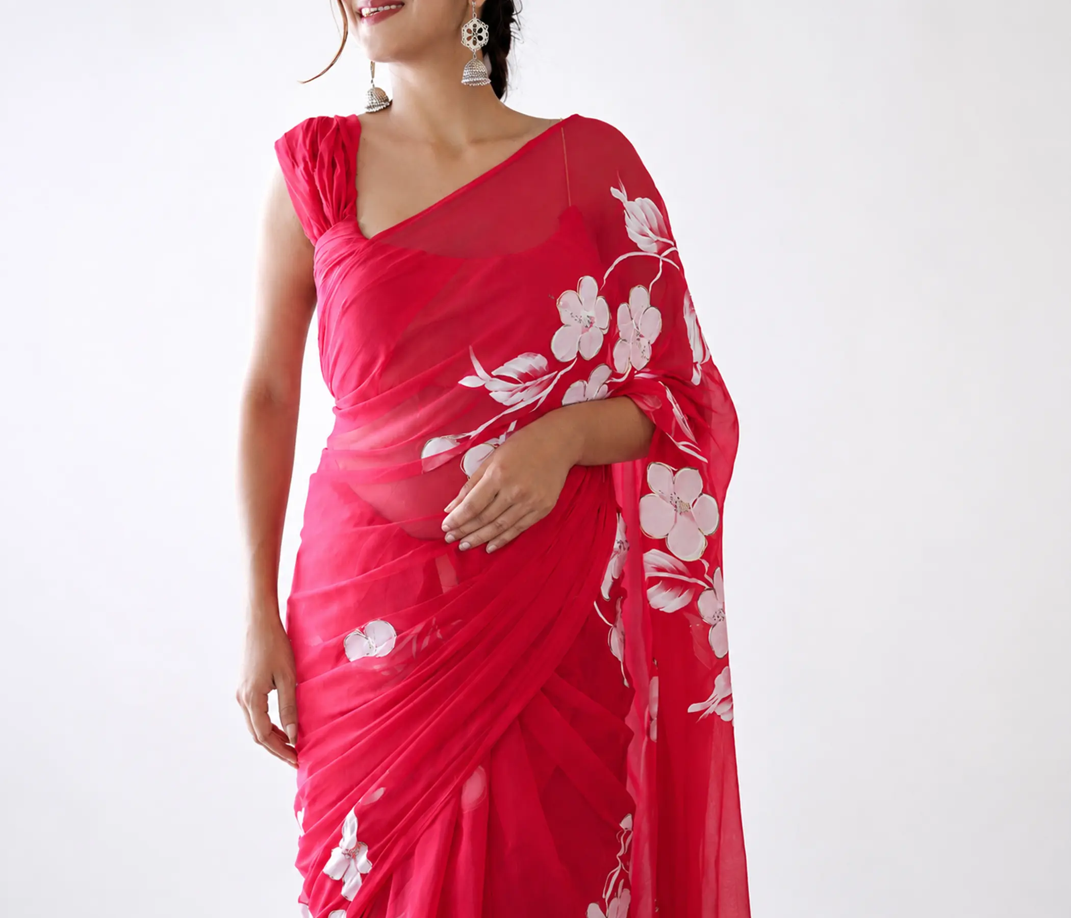 Hand-Painted Crimson Red Organza Saree with White Floral Artwork